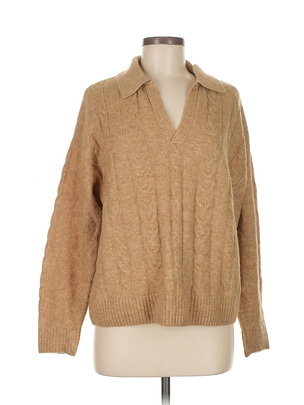 CeCe Camel Cable-Knit V-Neck Polo Sweater